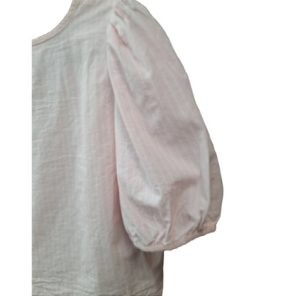 Cottage Core Pretty Pink and White Pin Stripe Tie Front Blouse Sz L - Picture 3 of 3